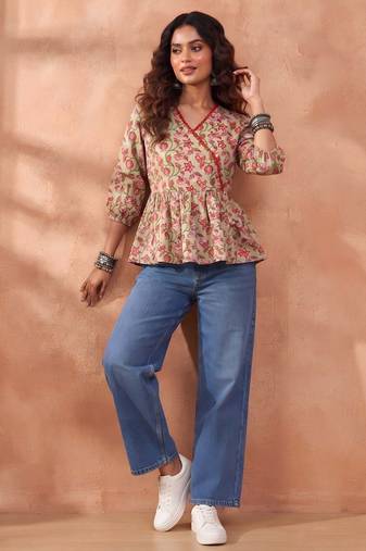 Green cotton printed top for women