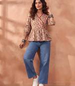 Green cotton printed top for women