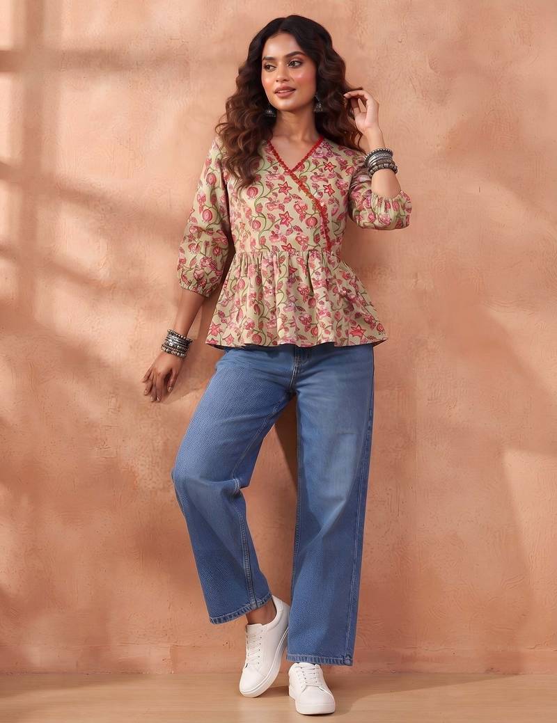 Green cotton printed top for women