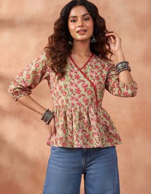 Green cotton printed top for women 2