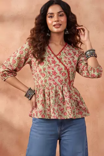 Green cotton printed top for women