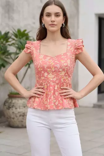 Peach cotton printed top for women