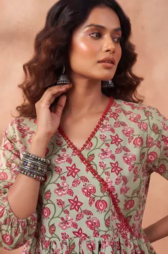 Green cotton printed top for women