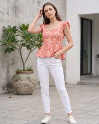 Peach cotton printed top for women 4