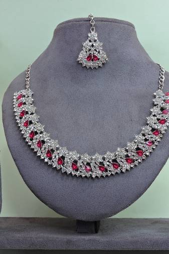 Pink color rhodium plating festive wear designer necklace set