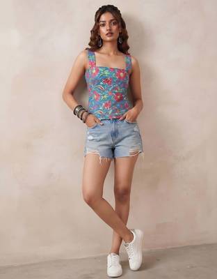 Blue cotton printed top for women 1