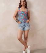 Blue cotton printed top for women