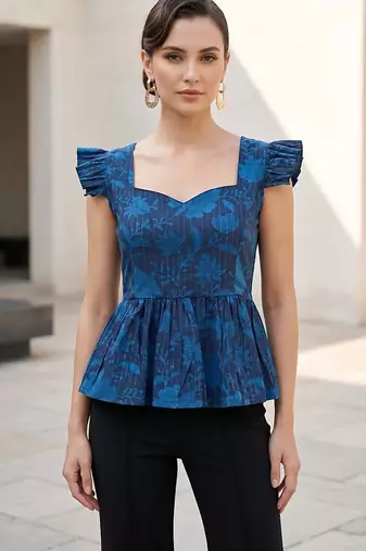 Blue cotton printed top for women