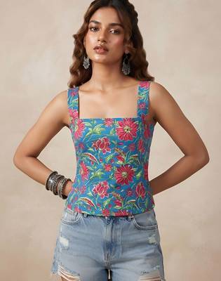 Blue cotton printed top for women 2