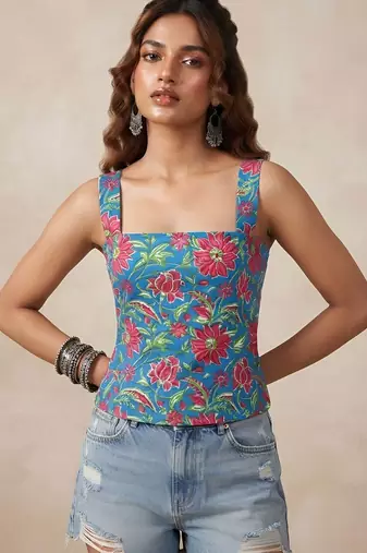 Blue cotton printed top for women