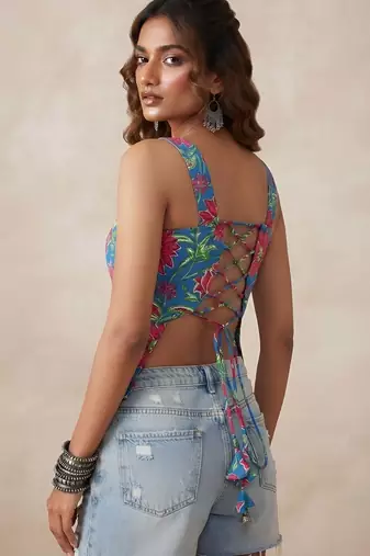 Blue cotton printed top for women
