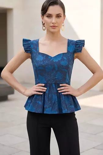Blue cotton printed top for women