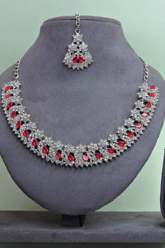 Red color rhodium plating festive wear designer necklace set