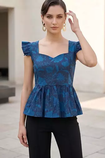 Blue cotton printed top for women