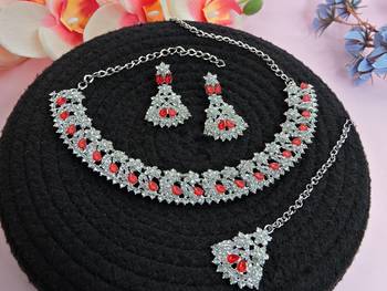 Red color rhodium plating festive wear designer necklace set 2