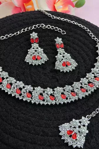 Red color rhodium plating festive wear designer necklace set