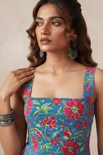 Blue cotton printed top for women