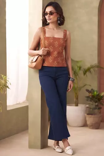 Orange cotton printed top for women