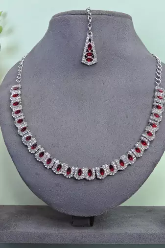 Maroon color rhodium plating festive wear designer necklace set