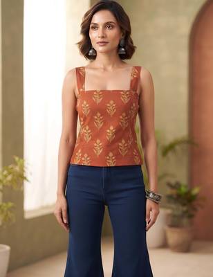 Orange cotton printed top for women 2