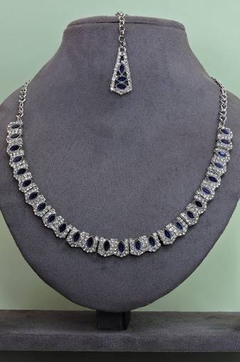 Blue color rhodium plating festive wear designer necklace set