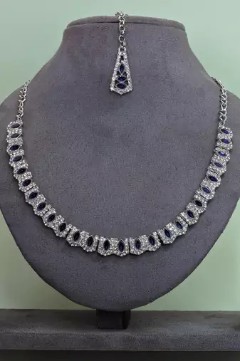 Blue color rhodium plating festive wear designer necklace set