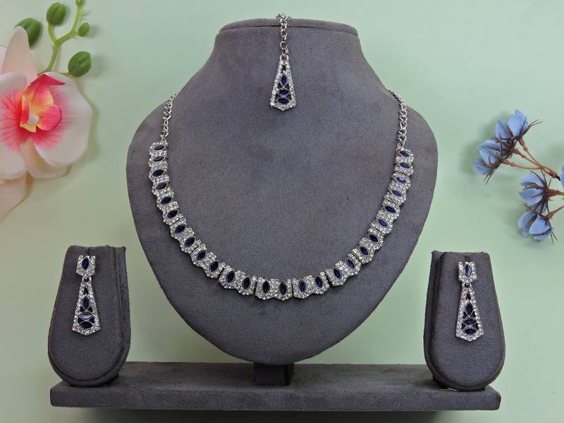 Blue color rhodium plating festive wear designer necklace set
