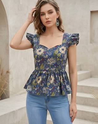 Blue cotton printed top for women 1