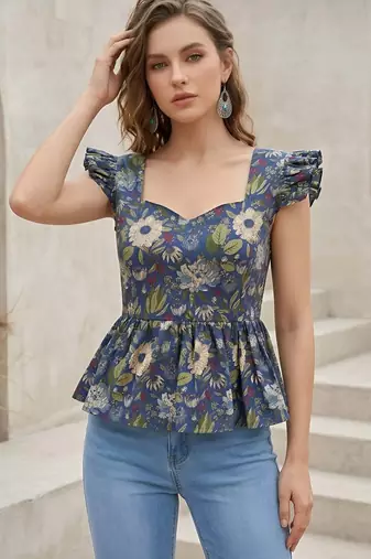 Blue cotton printed top for women