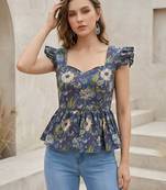 Blue cotton printed top for women