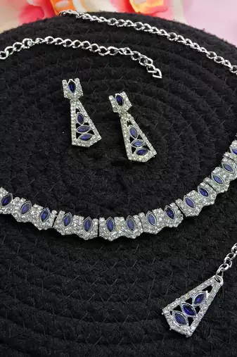 Blue color rhodium plating festive wear designer necklace set