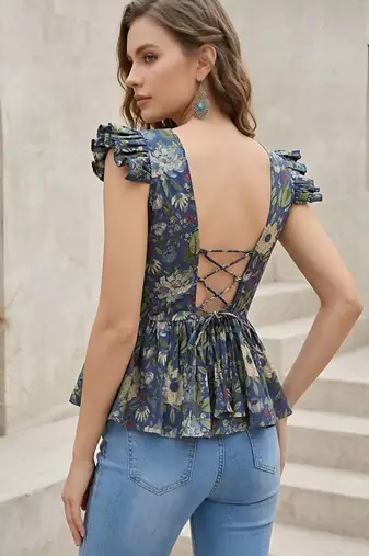 Blue cotton printed top for women