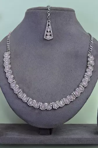 Pink color rhodium plating festive wear designer necklace set