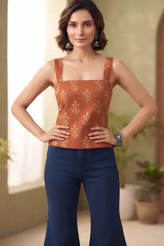 Orange cotton printed top for women