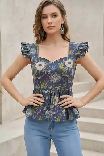 Blue cotton printed top for women