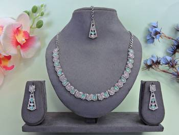 Green color rhodium plating festive wear designer necklace set 1