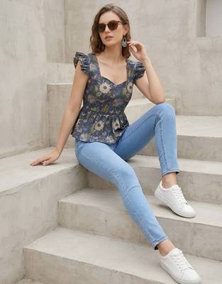 Blue cotton printed top for women 4