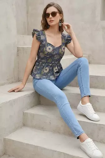 Blue cotton printed top for women