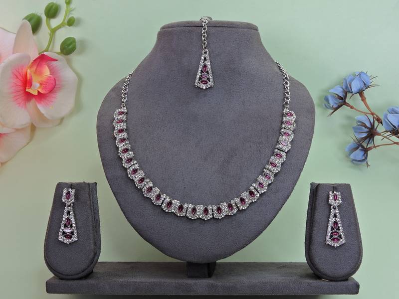 Purple color rhodium plating festive wear designer necklace set