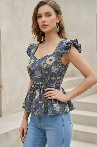 Blue cotton printed top for women