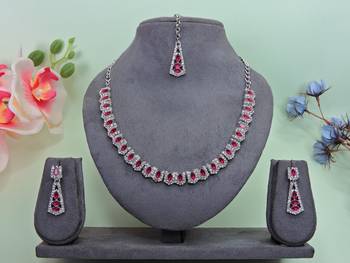 Pink color rhodium plating festive wear designer necklace set 1