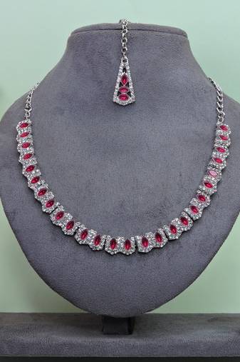 Pink color rhodium plating festive wear designer necklace set