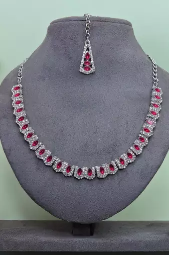 Pink color rhodium plating festive wear designer necklace set