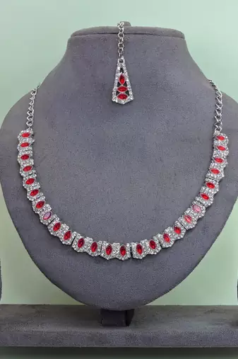 Red color rhodium plating festive wear designer necklace set