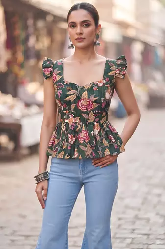 Green cotton printed top for women