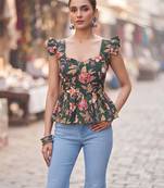 Green cotton printed top for women