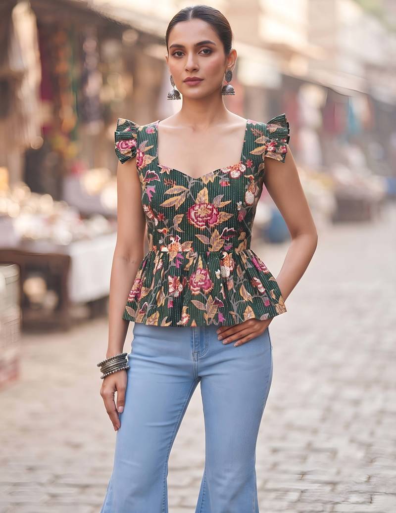 Green cotton printed top for women