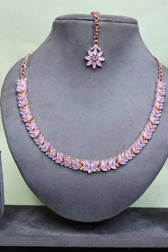 Pink color rhodium plating festive wear designer necklace set