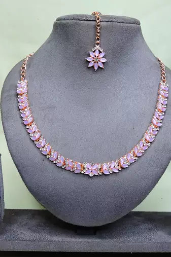 Pink color rhodium plating festive wear designer necklace set