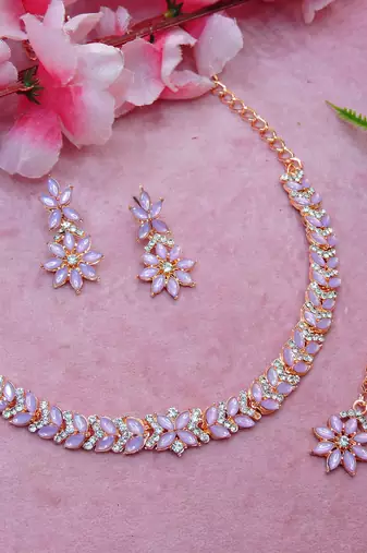 Pink color rhodium plating festive wear designer necklace set